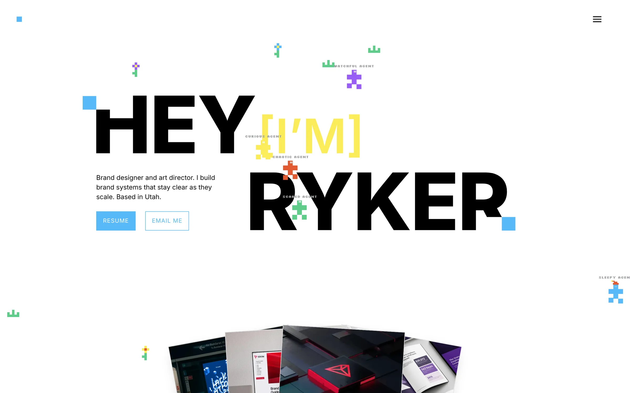 The heyryker.com landing page: the big HEY [I’M] RYKER headline with five small pixel meeples wandering over it, pixel flowers and grass planted around them, and the [I’M] tinted yellow where the yellow meeple is standing on it.