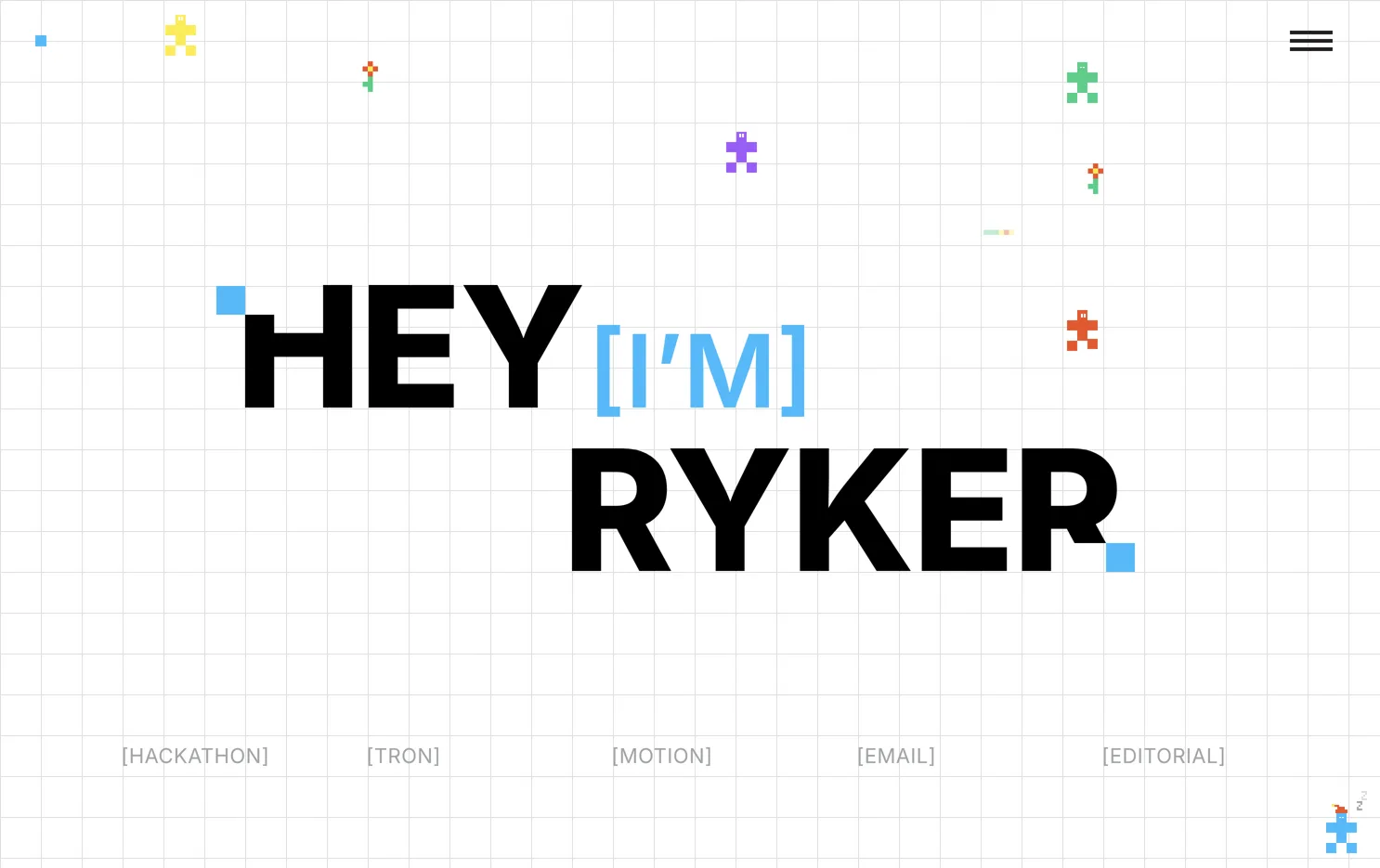 An early version of the landing page on Saturday: the HEY [I’M] RYKER headline on a visible gray grid, five meeples wandering around it, two pixel flowers already planted, and the case study links in gray brackets along the bottom.