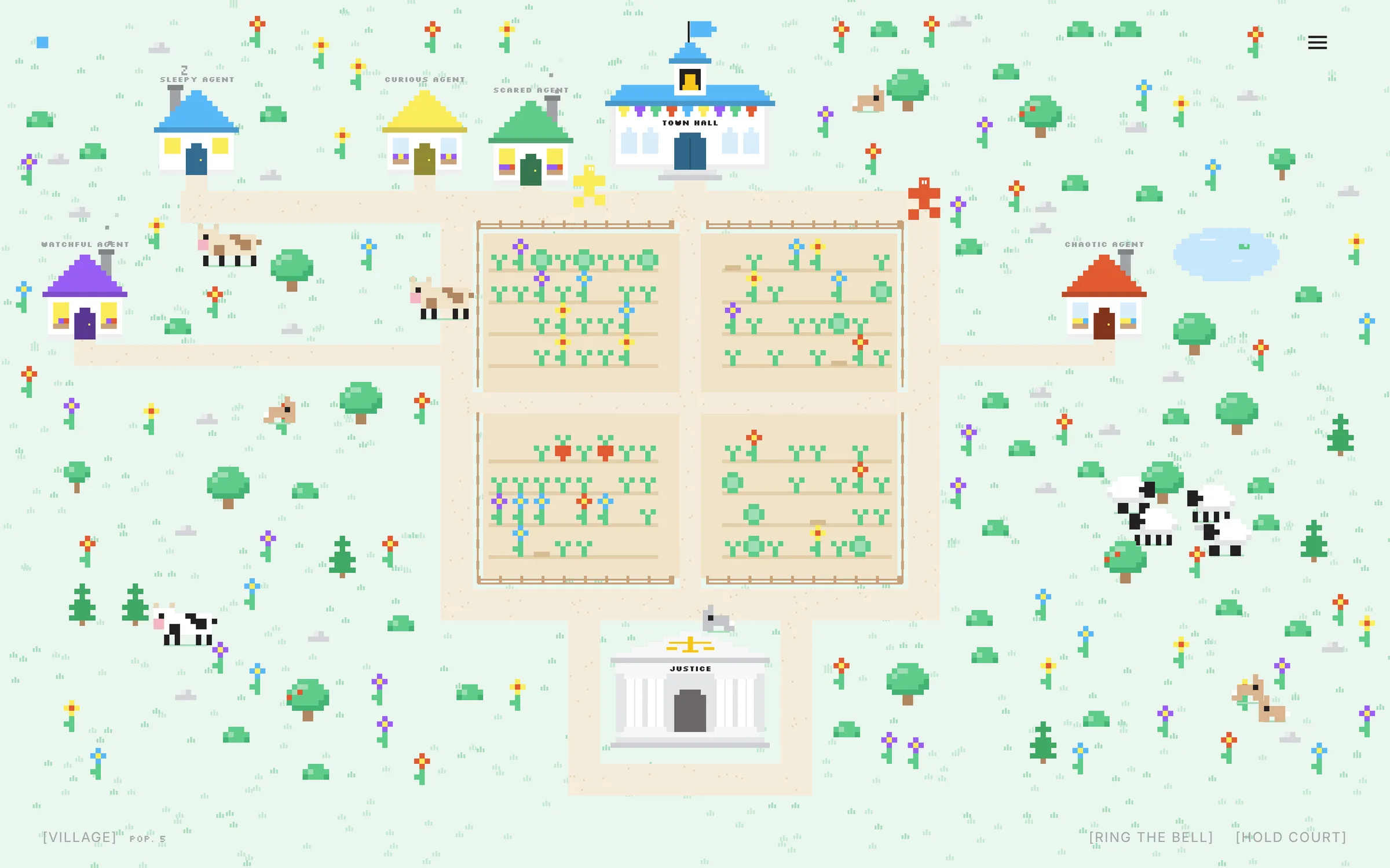 The meeple village: five small houses in each meeple’s color, a town hall with a blue roof, a fenced garden in the middle full of flowers and carrots, a justice building at the bottom, and cows, sheep and bunnies in the grass.