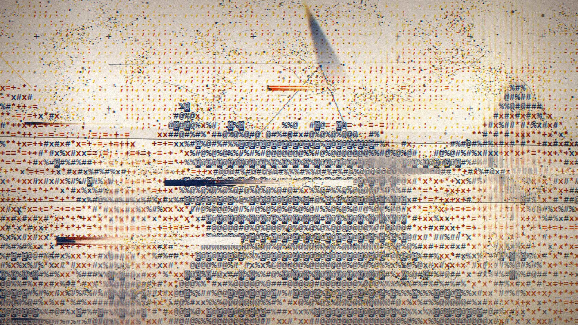 An ASCII scene: hills built from rows of small dark characters over a cream background, with a few streaks of light and fine lines crossing it.