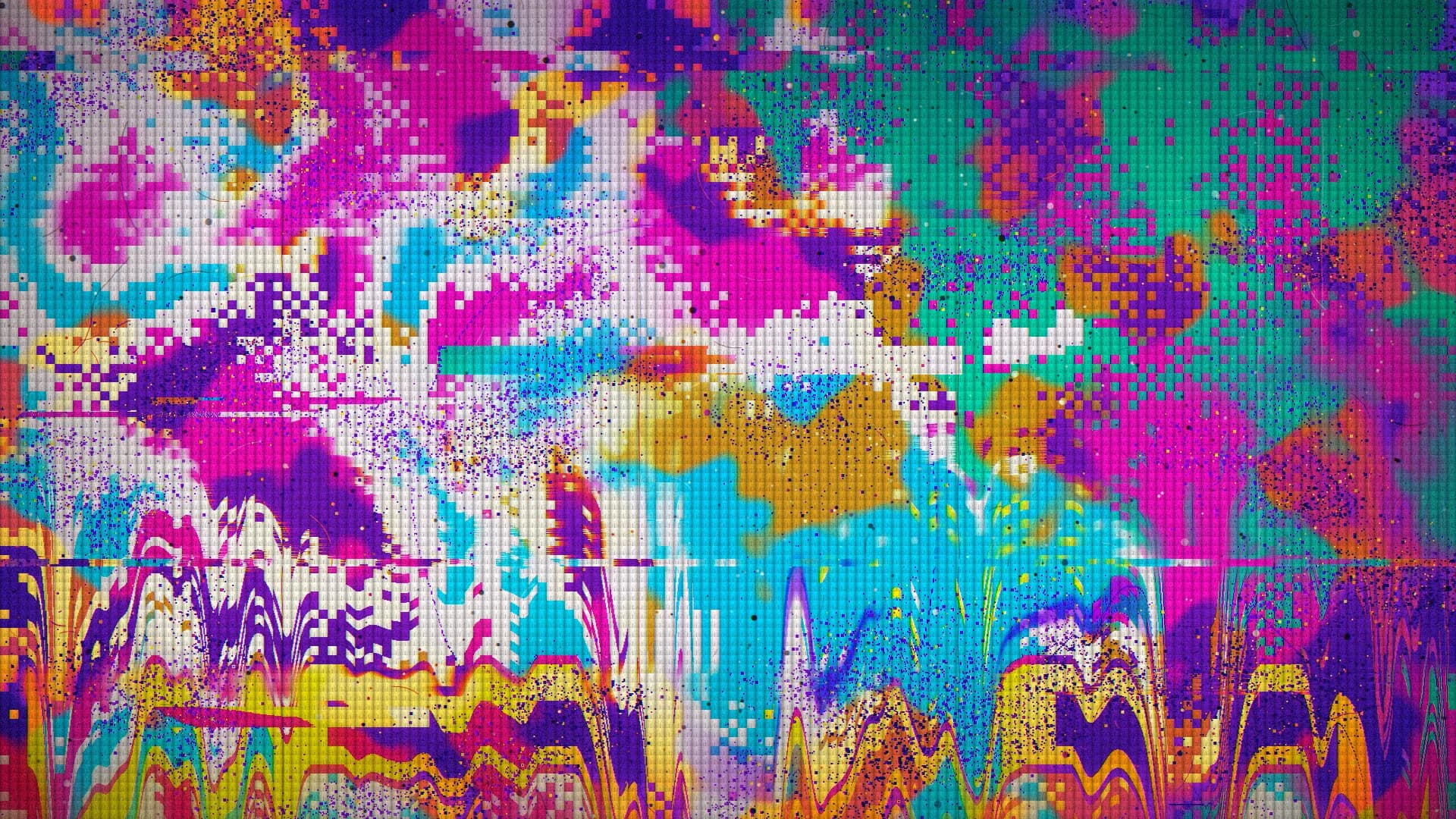 A Conjure picture: a dithered, melting field of pink, cyan, yellow and purple pixels with wavy drips along the bottom and fine grain over everything.