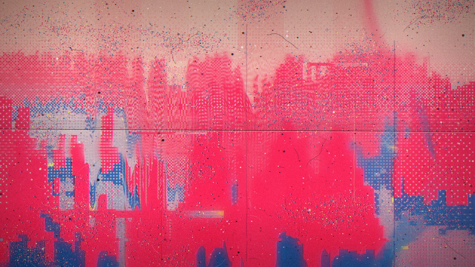 A landscape scene: rows of pixel towers in hot pink and blue melting down into a pale pink sky, with grain and scattered specks.
