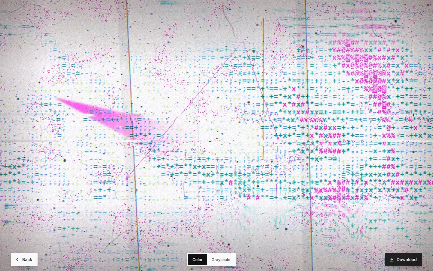 The Conjure result view: a full-screen picture made of rows of ASCII characters in cyan and magenta over a pale, grainy background, with Back, Color and Grayscale, and Download buttons along the bottom.