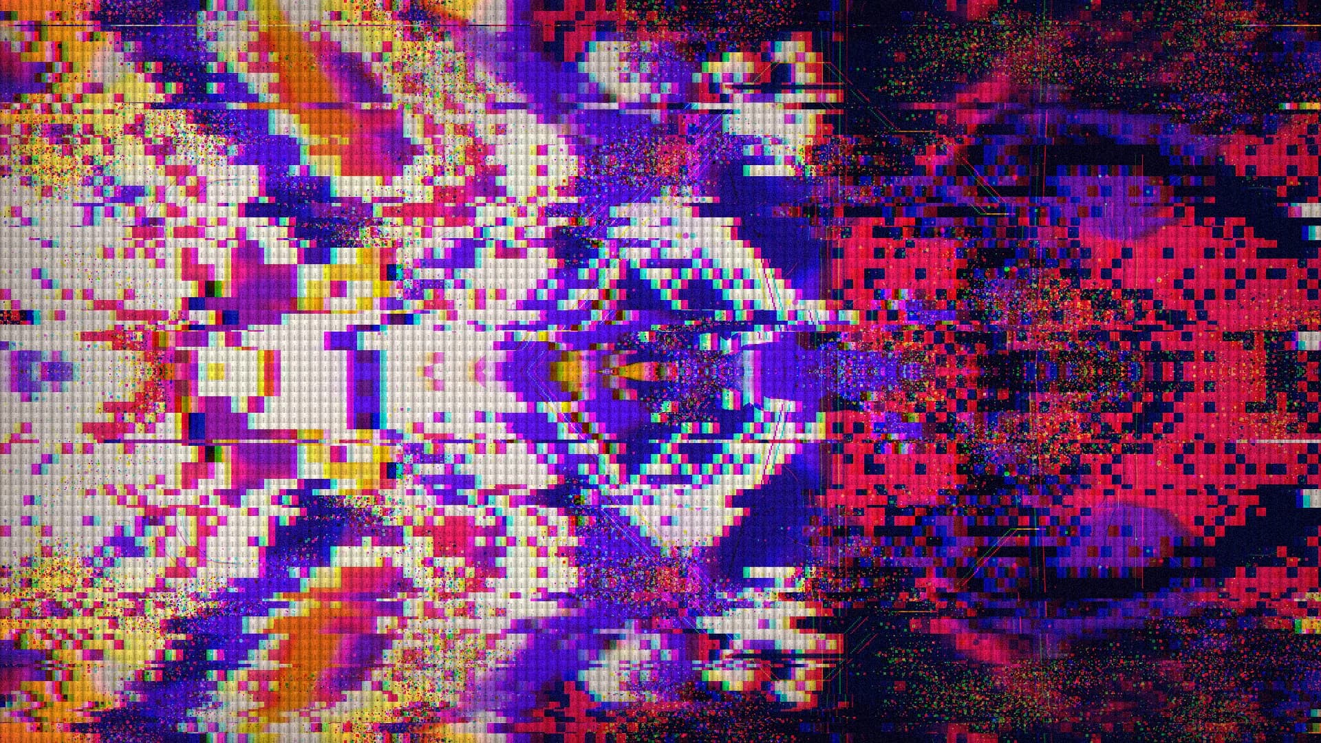 A wild piece: a mirrored, kaleidoscope-like pattern of purple, blue, orange and red pixels on the left, spliced into a dark red and black field on the right.