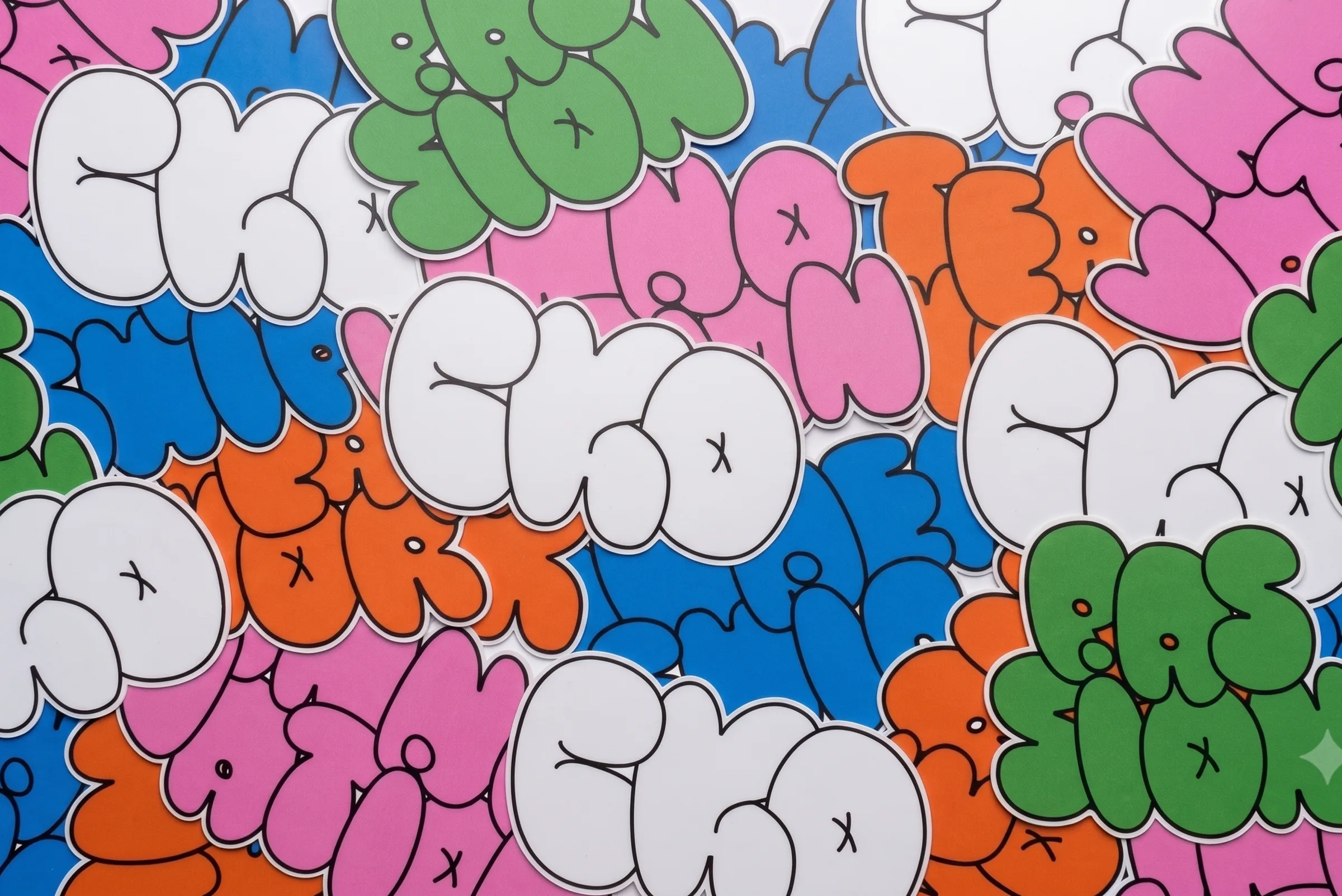A pile of bubble-letter stickers in white, pink, orange, green and blue, spelling CKO and other words.
