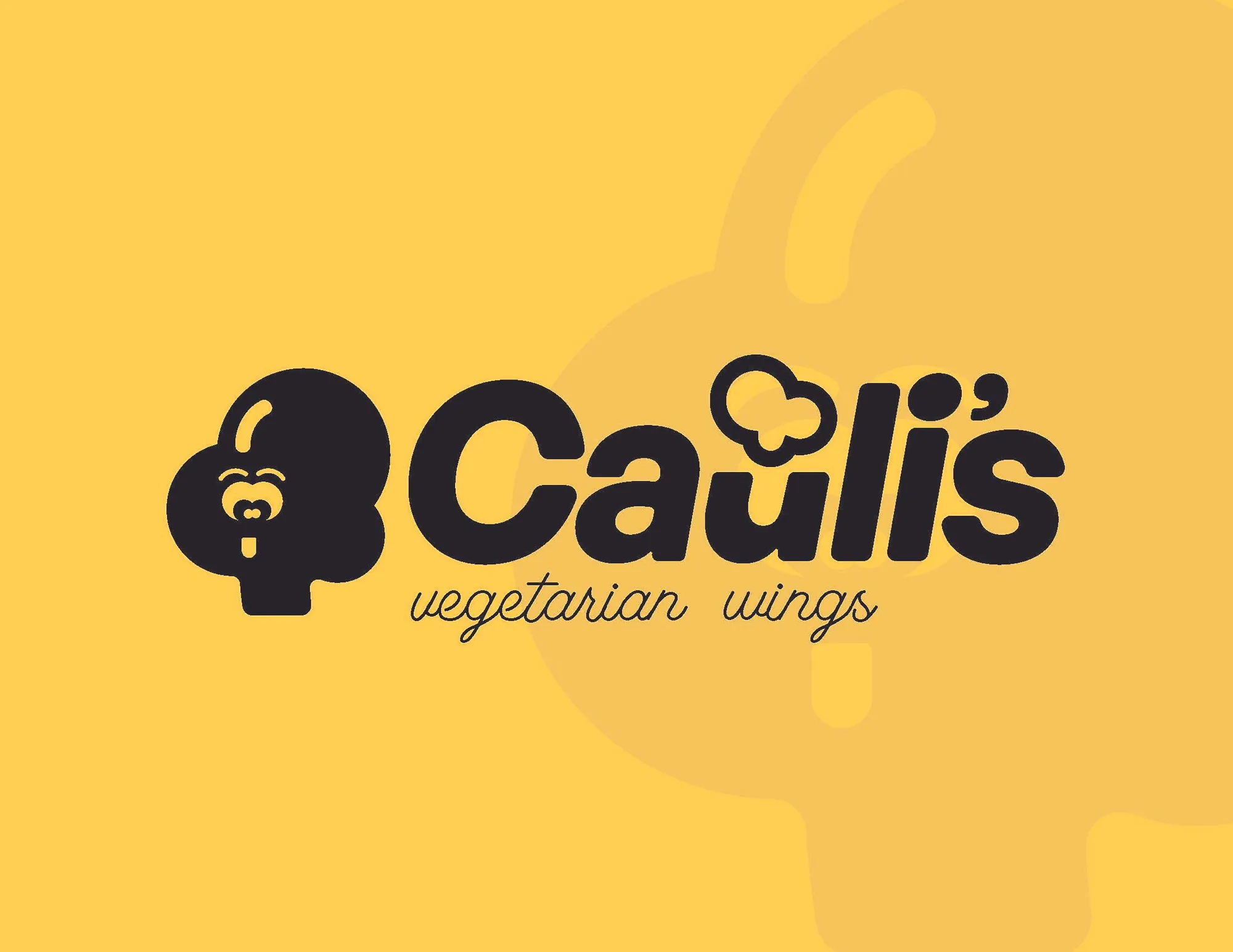 The Cauli’s logo on yellow: a cartoon cauliflower head next to the wordmark, with “vegetarian wings” in hand lettering.