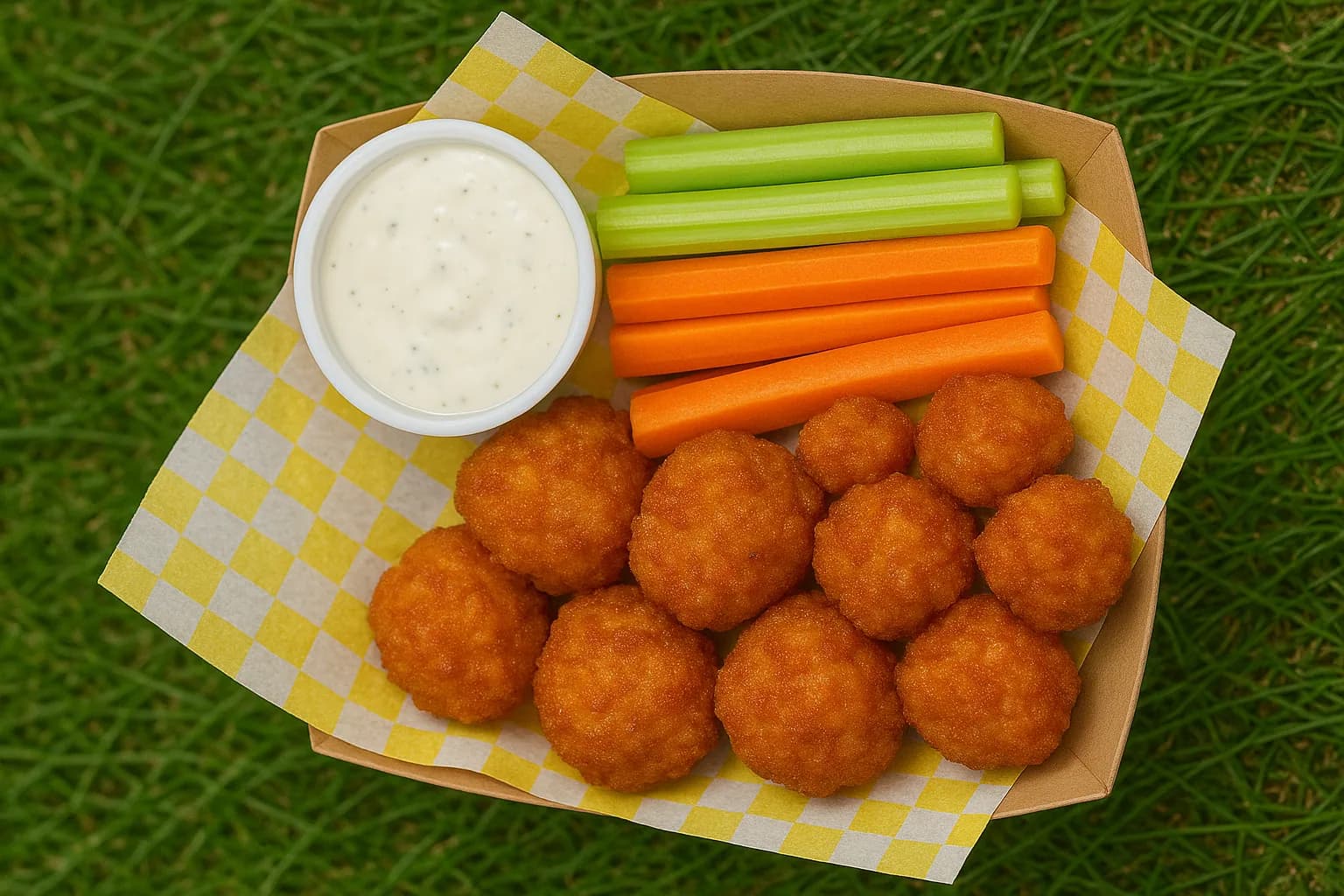 Fried cauliflower wings, celery and carrot sticks and a cup of ranch in a paper boat lined with yellow checkered paper, on grass.