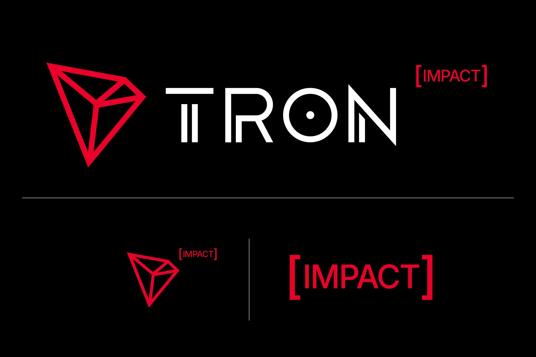 TRON IMPACT logo lockups on black: the full TRON wordmark with a bracketed IMPACT exponent, and the standalone mark beside a bracketed IMPACT wordmark.