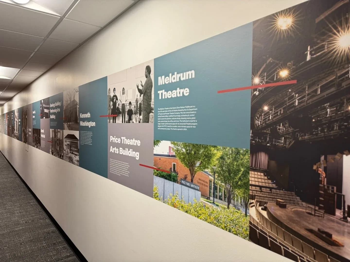 The far end of the timeline: panels for Kenneth Washington, the Price Theatre Arts Building and the Meldrum Theatre, ending in a large color photo of the new theatre’s seats and stage.