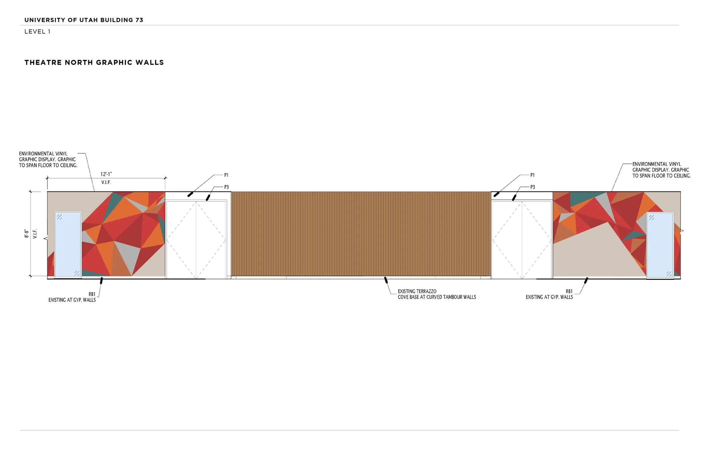 A design elevation of the Theatre North graphic walls: two floor-to-ceiling vinyl murals of overlapping red, orange, teal and gray triangles on either side of a wood-paneled wall and two sets of doors.