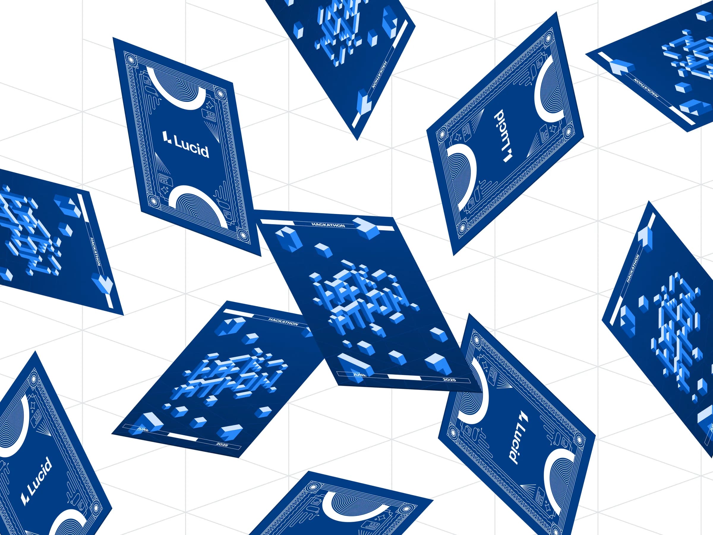 The final Hackathon 2025 mark repeated as a pattern of blue isometric tiles