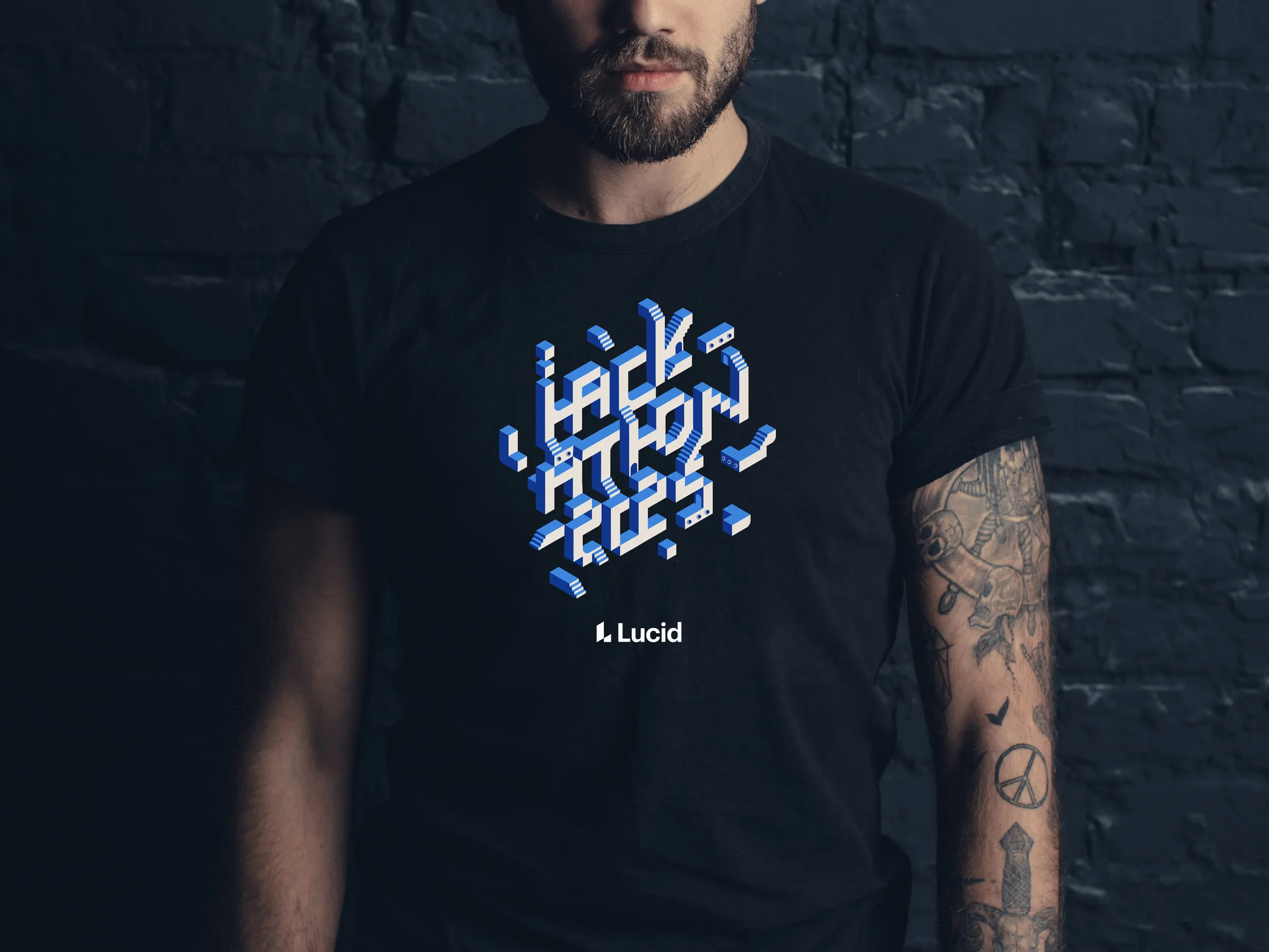 A black t-shirt printed with the Hackathon 2025 logo