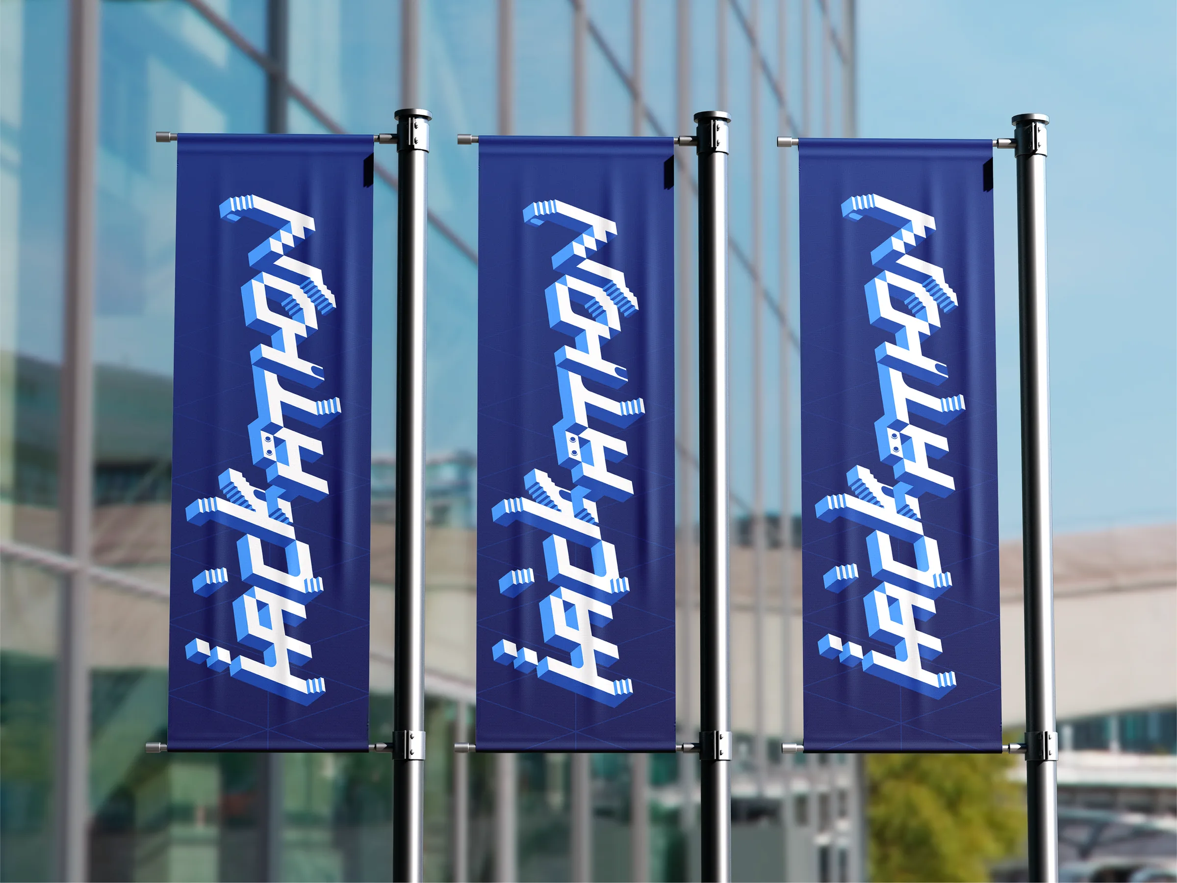 Three vertical street banners with the Hackathon logo