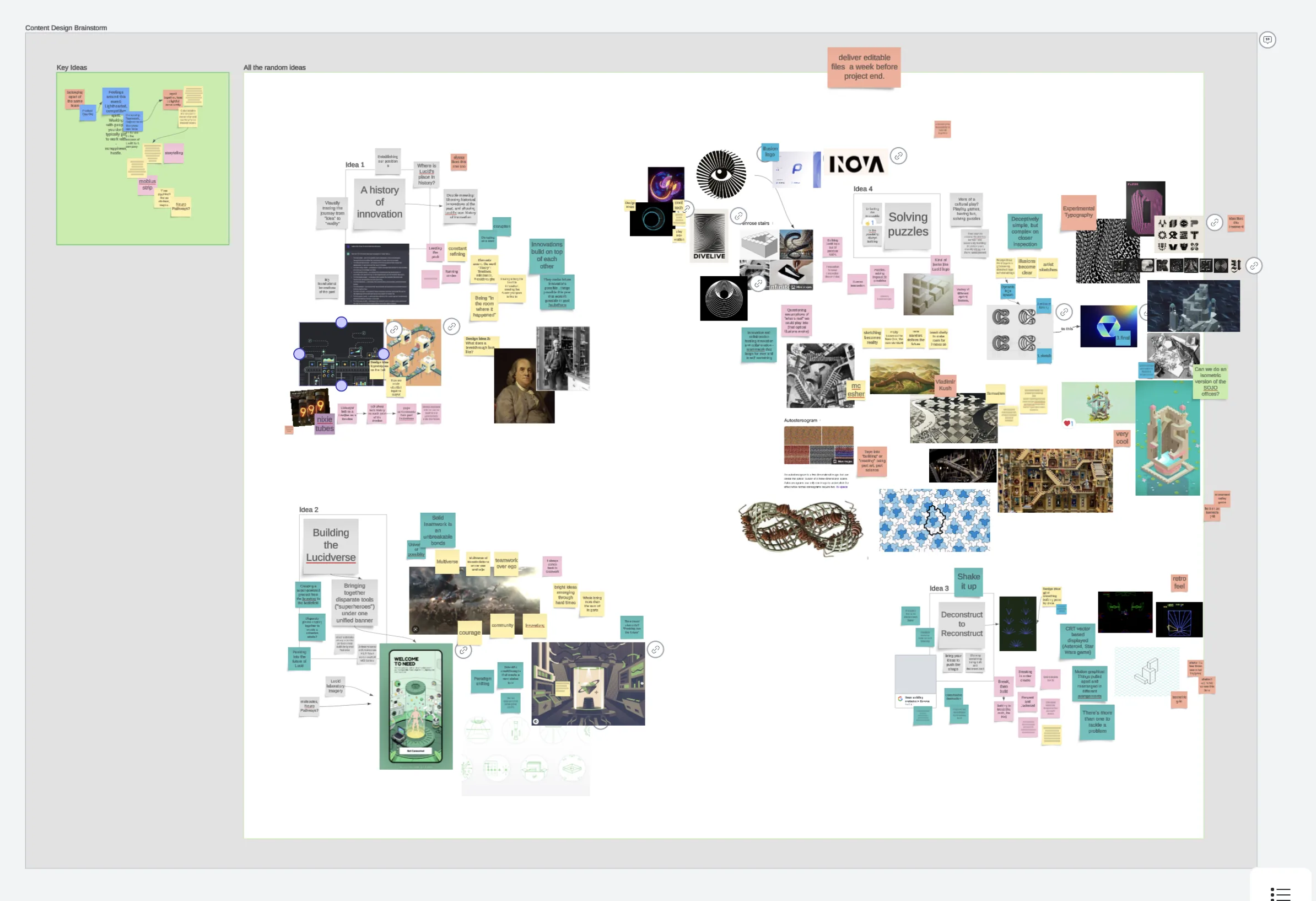 A Lucidspark board of annotated references: Escher drawings, Monument Valley screens and impossible architecture