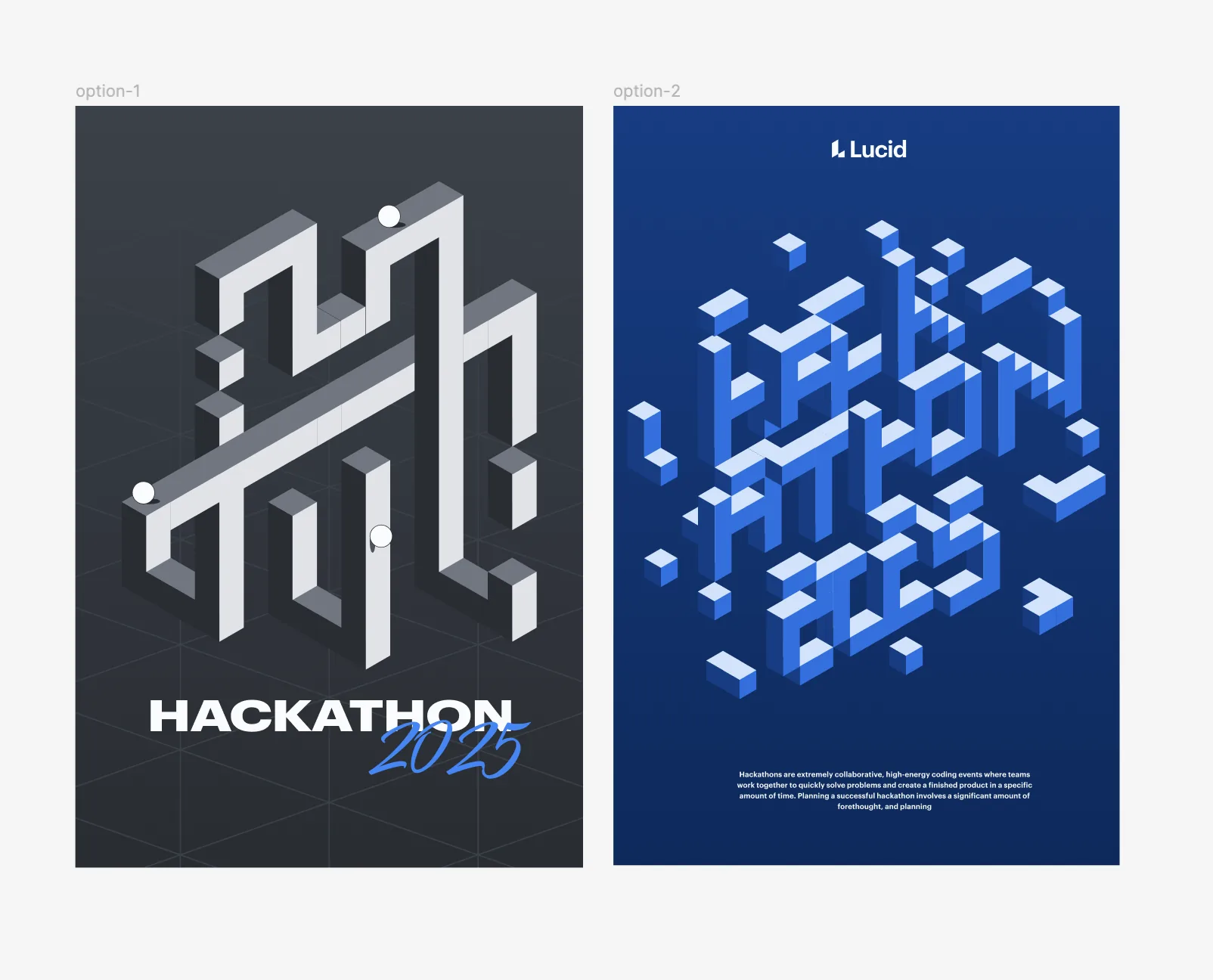 Two poster directions side by side: an impossible shape with clean type, and the event title built as an isometric sculpture