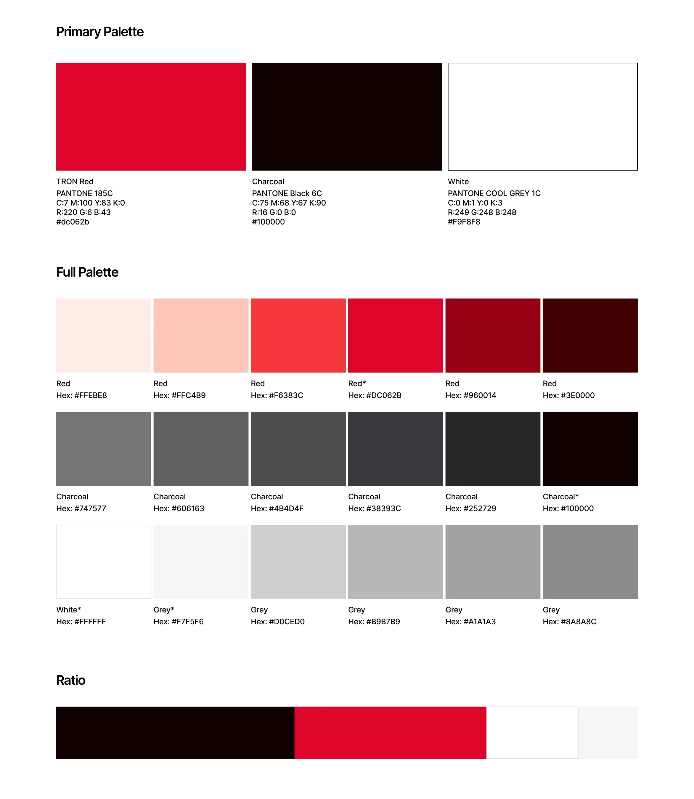 The color page: TRON Red, Charcoal and white with tints and usage ratios