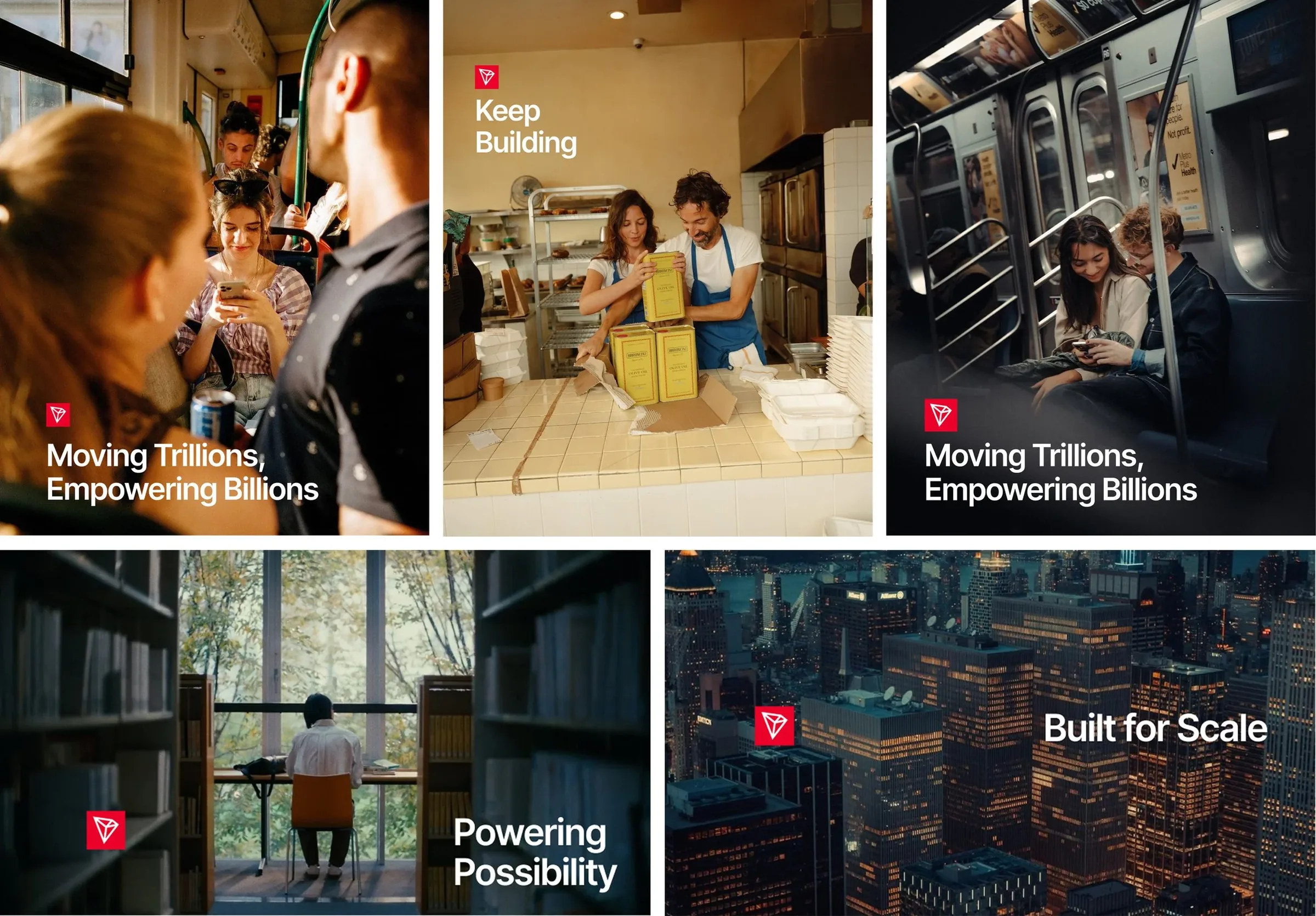 A grid of warm, candid photography with subtle TRON logo placements